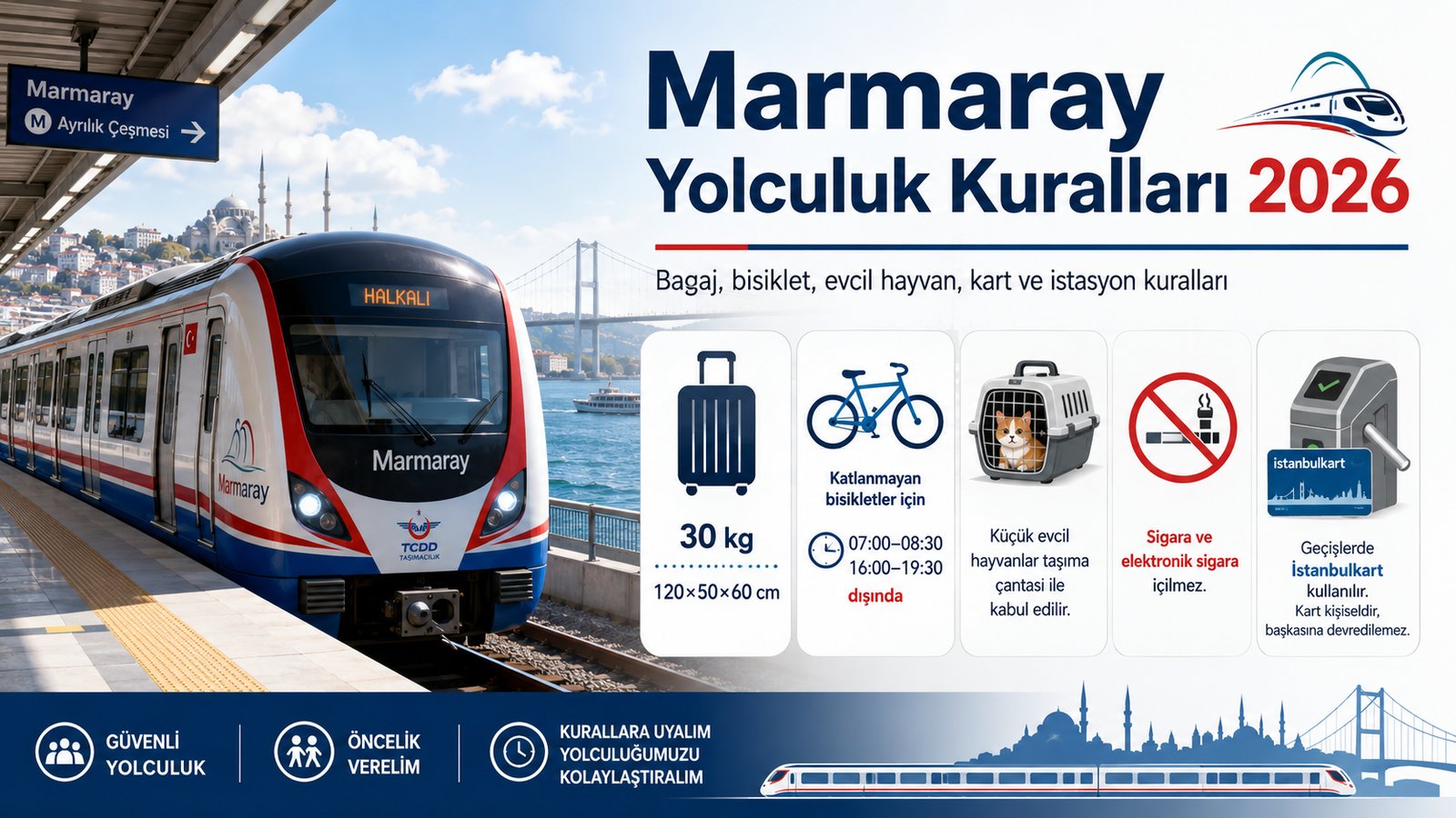 Marmaray yolculuk kuralları 2026: 30 kg bagaj sınırı, katlanmayan bisiklet saat kuralı, evcil hayvan taşıma çantası, sigara yasağı ve İstanbulkart